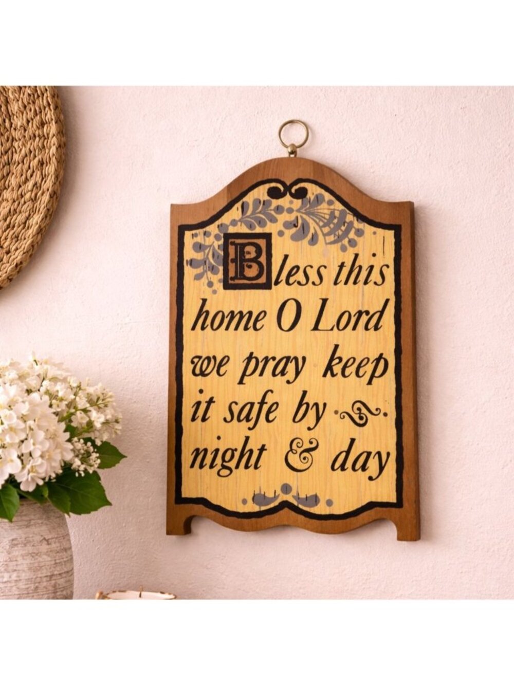 Bless This Home O Lord Wooden Wall Plaque With Hanging Loop Prayer Decor Vintage